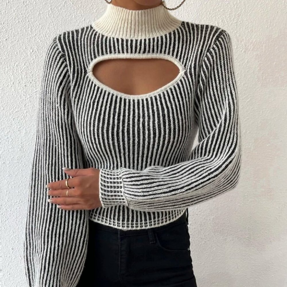 Striped Mock Neck Cut Out detail long sleeved knit Sweater top - Picture 3 of 6